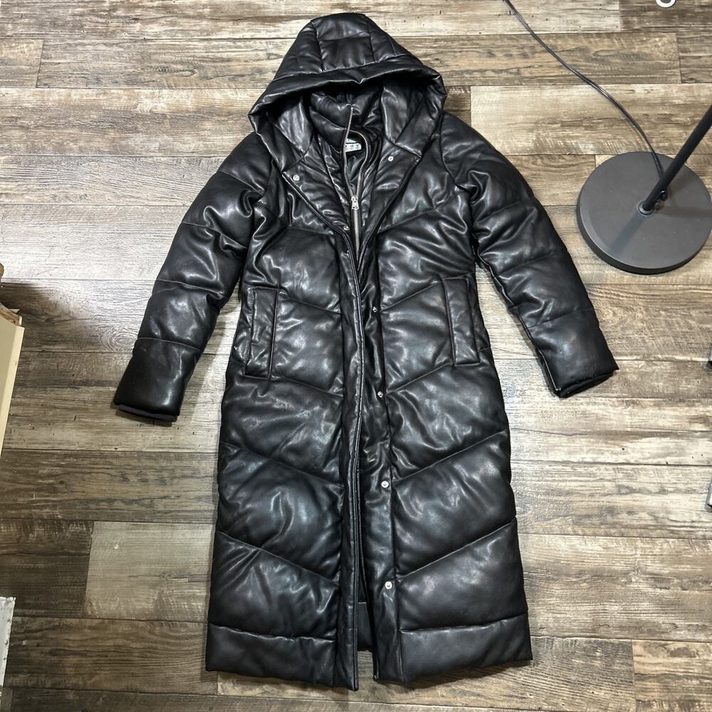Abercrombie & Fitch Ultra Collection Faux Leather Long Black Puffer Jacket Hood